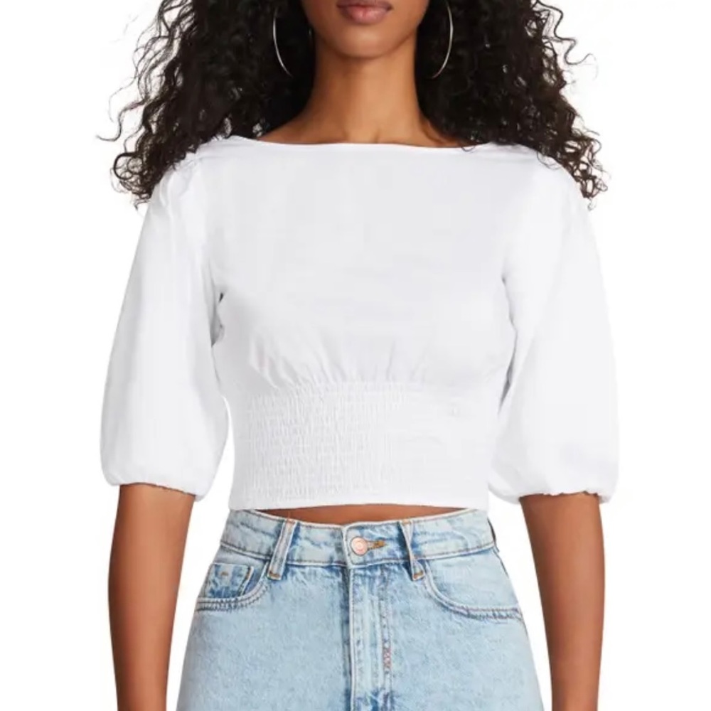 NWT BB DAKOTA SMOCKED PUFF-SLEEVE COTTON POPLIN TOP WHITE SMALL - Picture 3 of 6